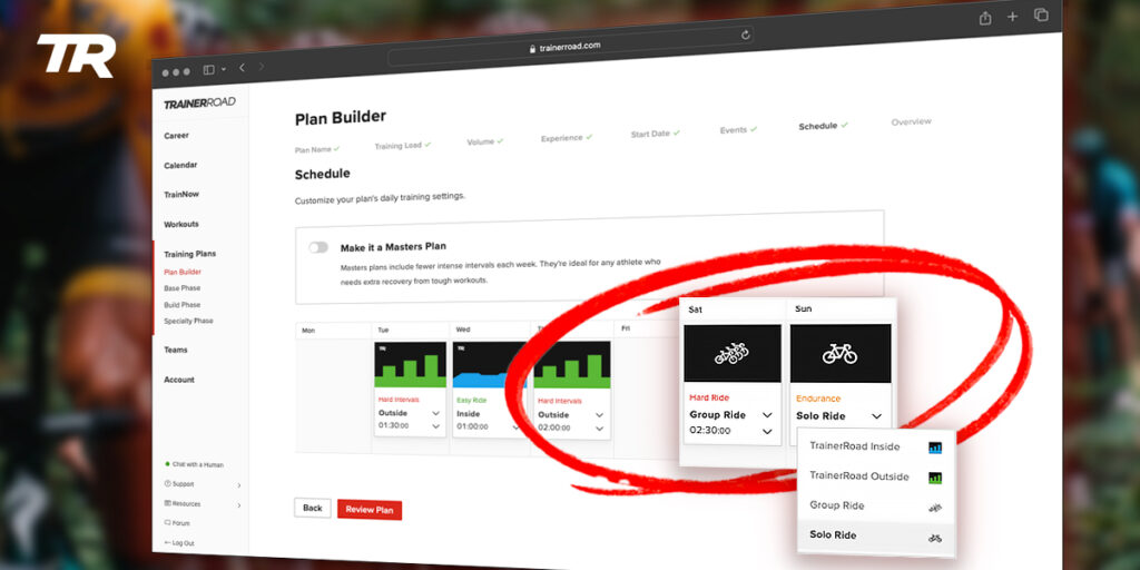 A computer screen showing the new Group and Solo Rides feature of TrainerRoad